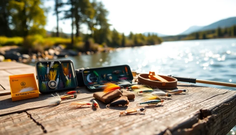 Showcase of essential fly fishing accessories on a rustic table, enhancing outdoor fishing experience.