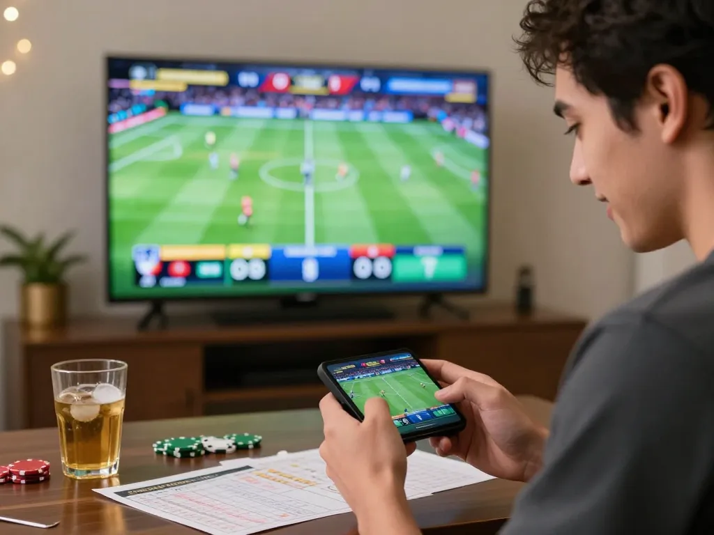 Person engaging in mobile sports betting action with sc88 app on smartphone, festive atmosphere and sports displayed on TV