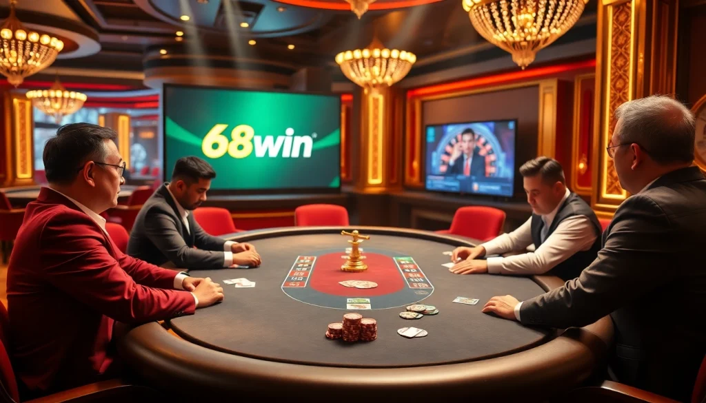 Engage with thrilling gameplay at 68win's luxurious casino tables featuring poker chips and cards.