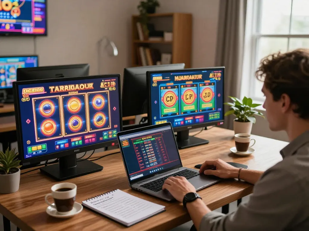 Engaging with slot gacor games on a laptop in a cozy online casino setting.