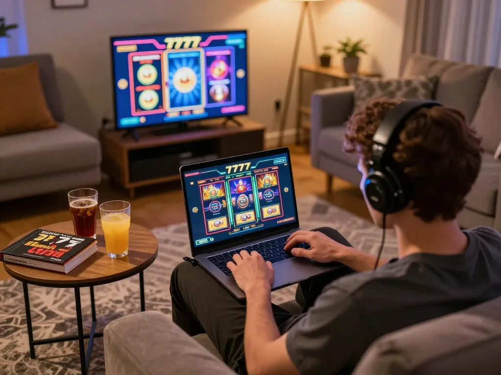 Person playing slot777 on laptop in a cozy home setting while enjoying a snack.