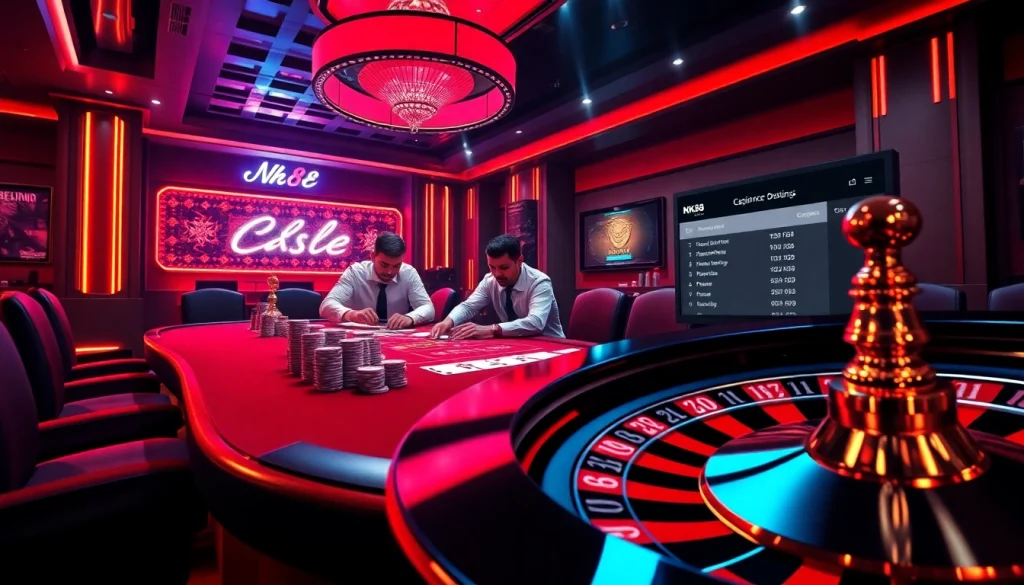 Experience the thrill of NK88 casino with a luxury poker game setting, complete with poker chips and a roulette wheel.