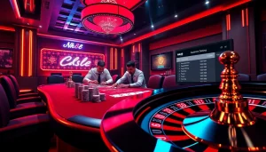 Experience the thrill of NK88 casino with a luxury poker game setting, complete with poker chips and a roulette wheel.