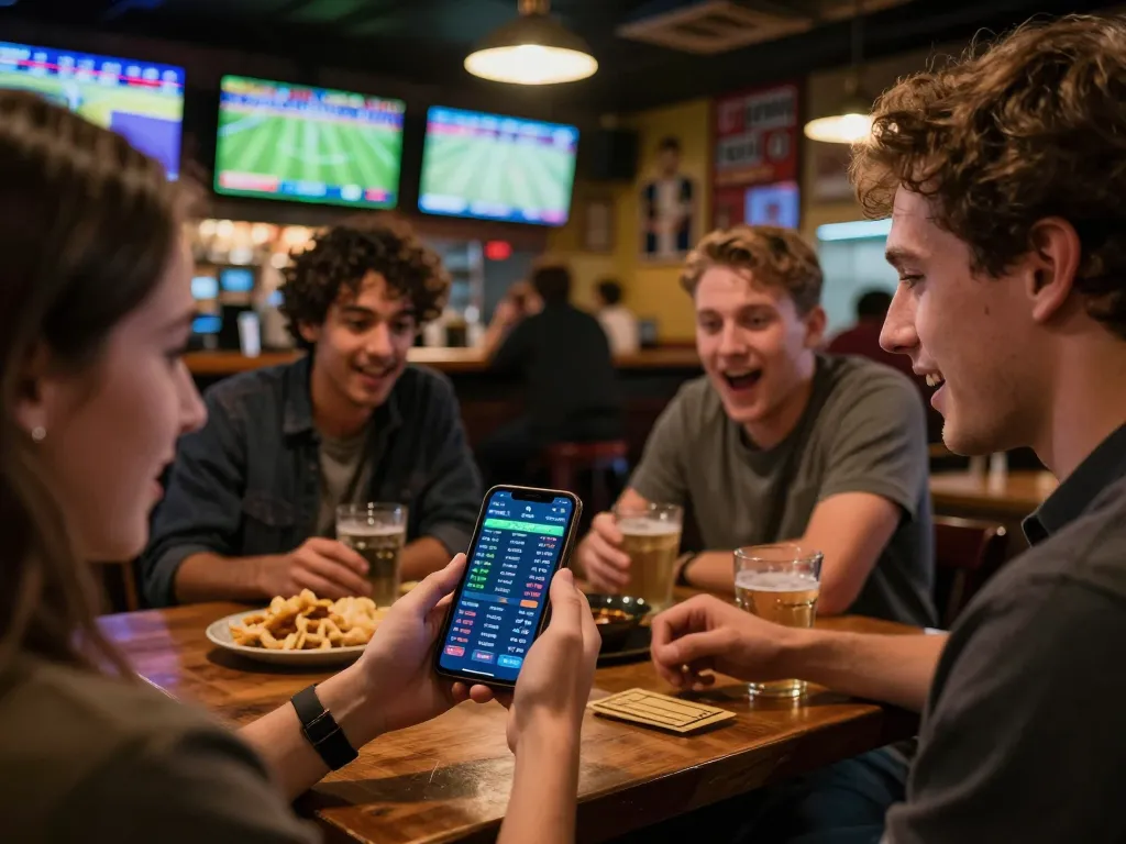 Engaging in sports betting on a smartphone at a lively sports bar, with friends and multiple screens in the background, showcasing the thrill of 28bet.