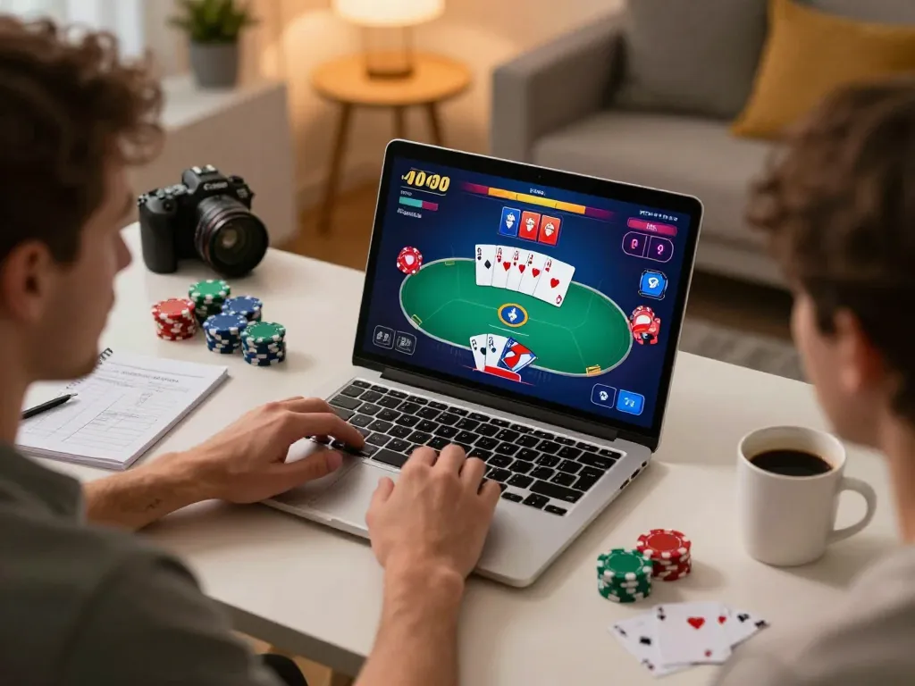 Players strategizing during an online poker game on https://sc88e.net/ laptop, showing dynamic gameplay with cards and chips.