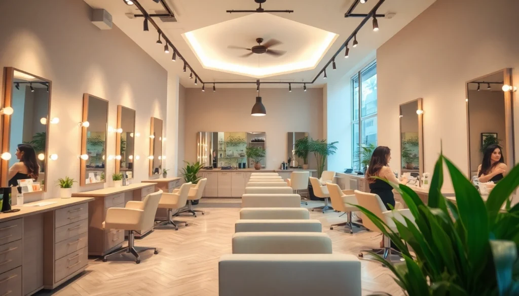 Stylish salon interior showcasing hairdressers at work, perfect for finding cabeleireiro perto de mim.