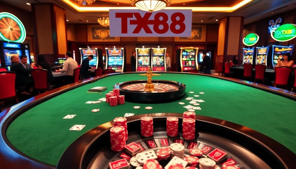 Engaging players at a professional poker table in luxury casino featuring TX88 promotions.
