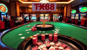 Engaging players at a professional poker table in luxury casino featuring TX88 promotions.