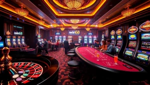 Iwin68 enthusiasts enjoy vibrant gaming action at an elegant casino table with roulette and blackjack setup.