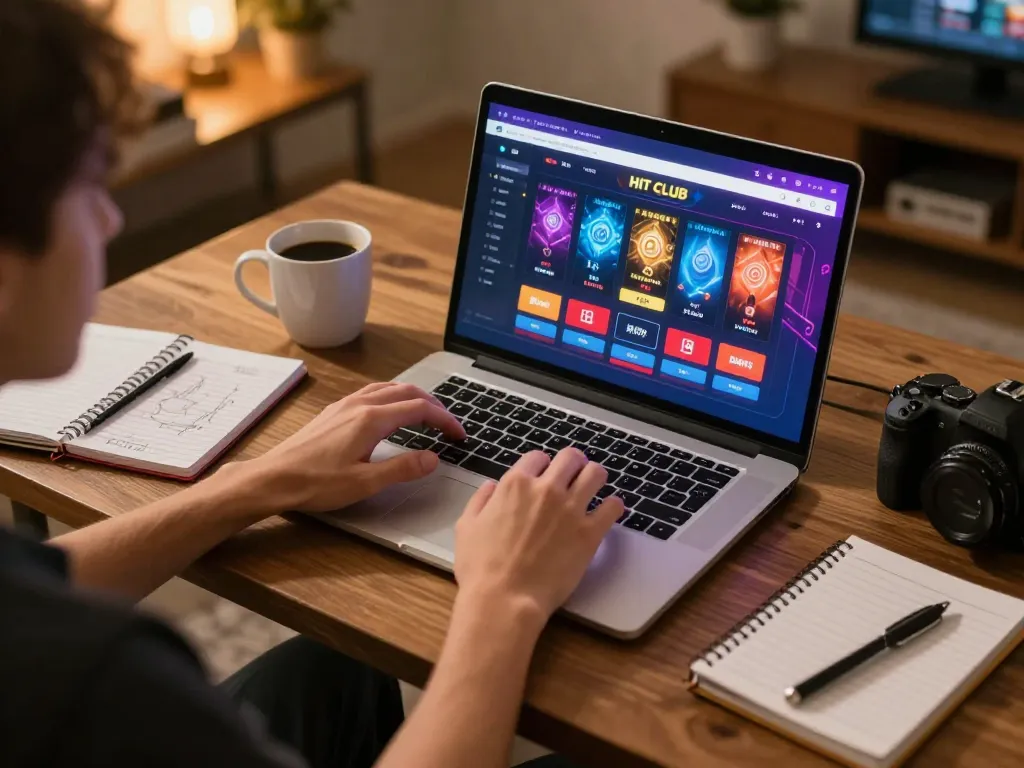 Engaging in online gambling at HIT CLUB with a laptop in a cozy home setting, highlighting gaming strategy.