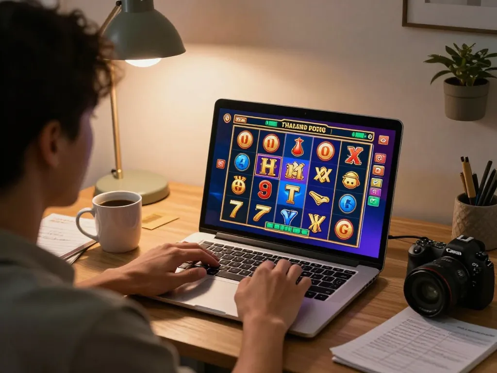 Engaging player enjoying slot thailand games in cozy home gaming setup with laptop.