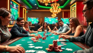 Engaged players enjoy an exciting game of idn poker at a vibrant online casino table, showcasing colorful chips and cards.
