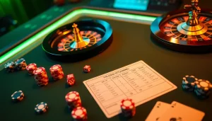 Experience excitement with situs bola online, featuring betting slips, poker chips, and a roulette wheel in a luxe casino setting.