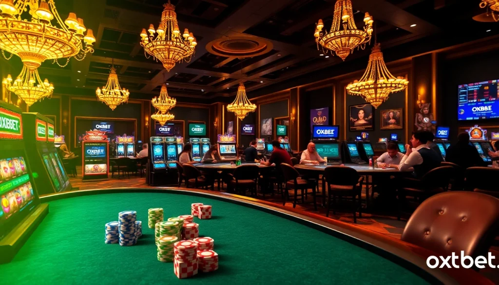 Players enjoying a thrilling casino experience at oxbet.ae with vibrant chips and dazzling slot machines.