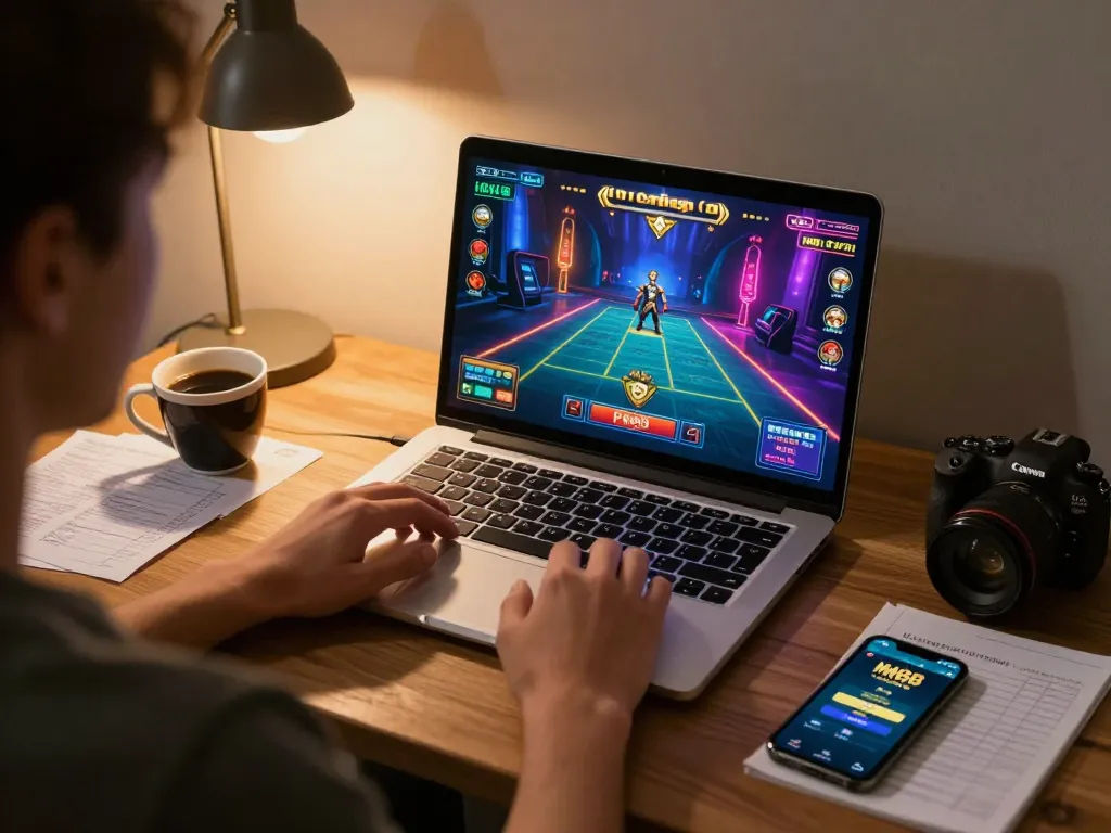 Player immersed in MM88 live online casino game on laptop, showcasing vibrant graphics and strategic notes