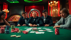 Scène d'une partie de poker à enjeux élevés illustrant l'atmosphère du casino en ligne argent réel avec des joueurs et des jetons.