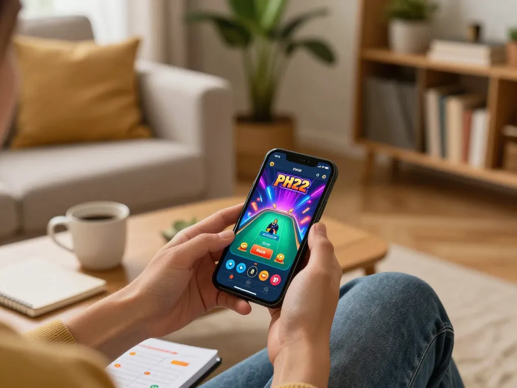 Player engaging in immersive gaming on the PH22 app, showcasing live dealer gameplay in a cozy atmosphere