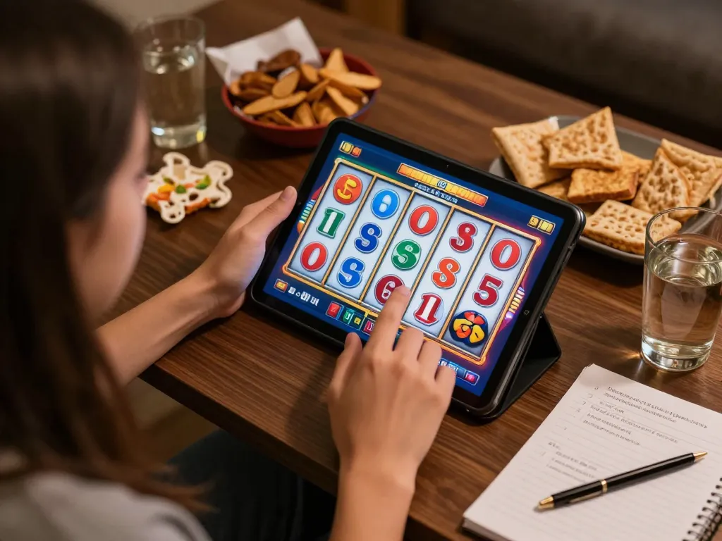 Engaging in exciting gameplay at boosterjp, a player spins the reels on a tablet in a cozy home setup.
