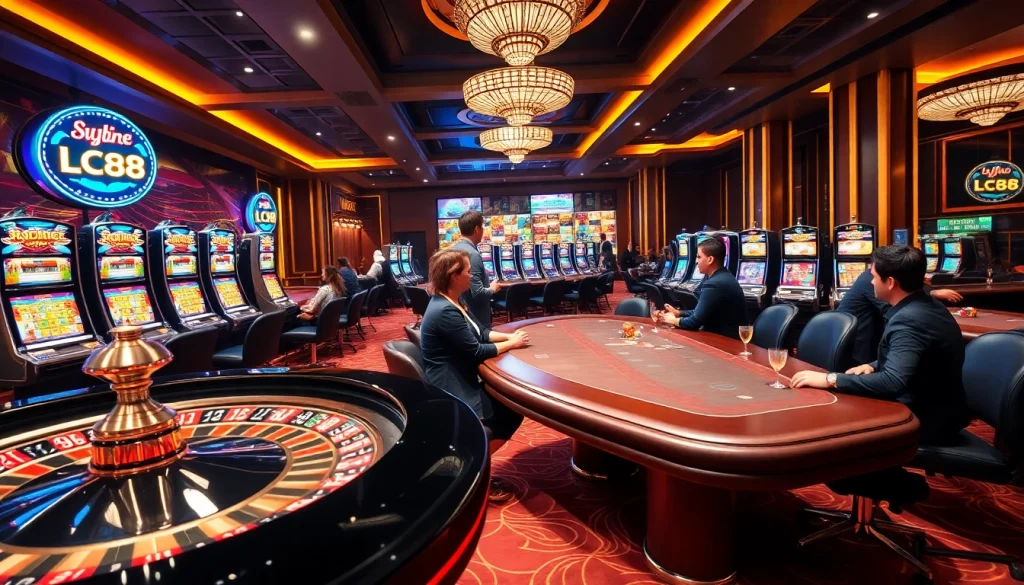 LC88 casino gaming environment with roulette and poker tables, capturing excitement and luxury.