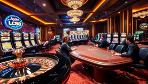 LC88 casino gaming environment with roulette and poker tables, capturing excitement and luxury.