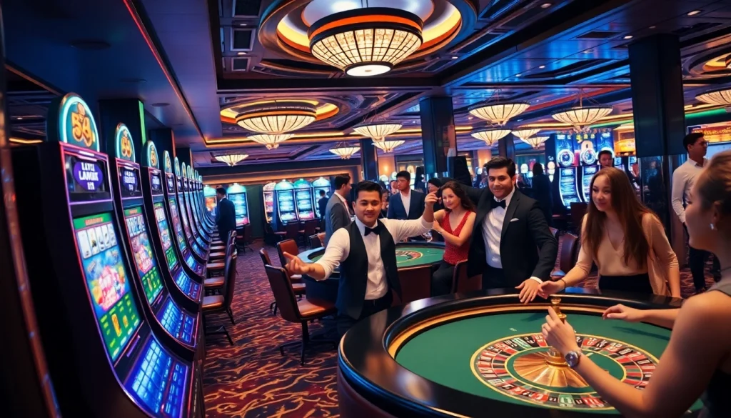 Caça-níqueis e mesas de pôquer do 59A criam uma atmosfera de jogo empolgante em um cassino vibrante.