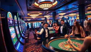 Caça-níqueis e mesas de pôquer do 59A criam uma atmosfera de jogo empolgante em um cassino vibrante.