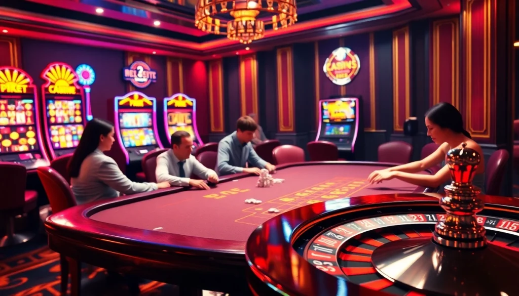 Experience the thrill at 33win’s luxurious casino scene, featuring poker tables and slot machines.