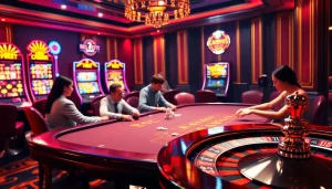 Experience the thrill at 33win’s luxurious casino scene, featuring poker tables and slot machines.