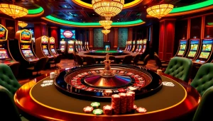 Experience the thrill of gambling with link alternatif nekatwin, featuring a luxurious casino scene with roulette and slot machines.
