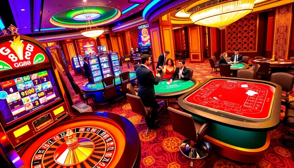 Players celebrating their wins at GG88, a vibrant casino floor filled with excitement.