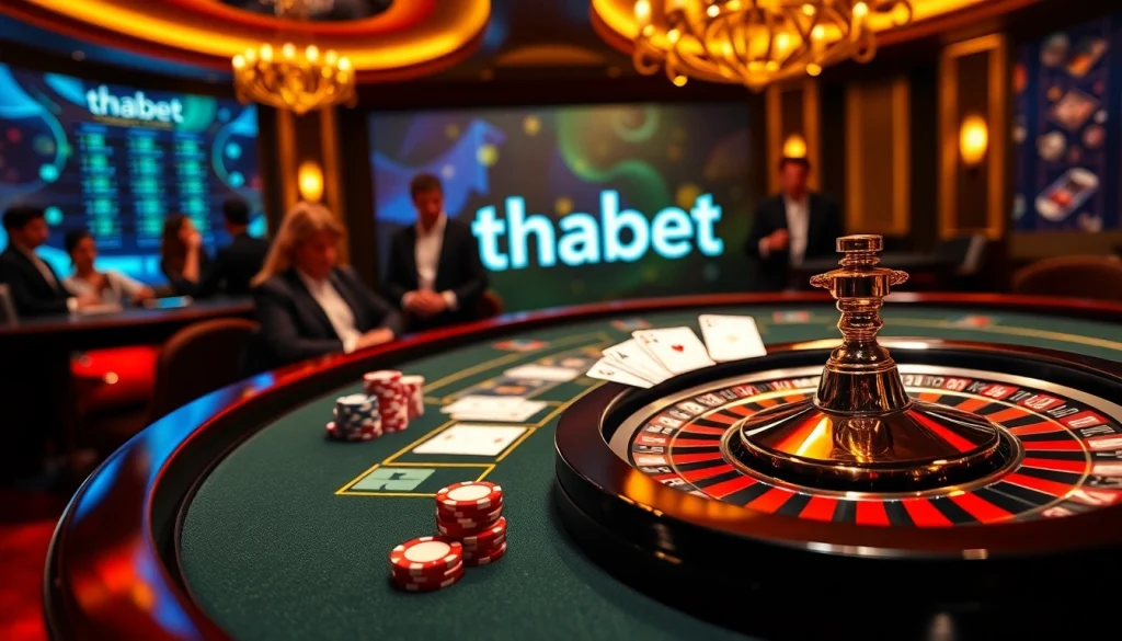 Engaging scene of gamblers enjoying a luxurious gambling experience at thabet's online casino.