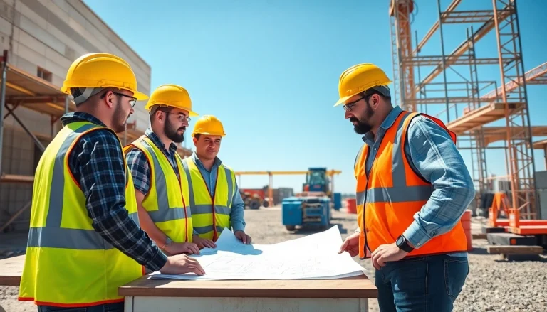 Collaborative discussions on Carolina construction news among professionals at a vibrant construction site.