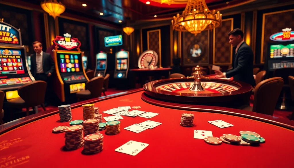 Hitclub gaming table with poker chips, cards, and roulette wheel in a luxurious casino scene.