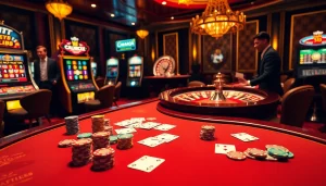 Hitclub gaming table with poker chips, cards, and roulette wheel in a luxurious casino scene.