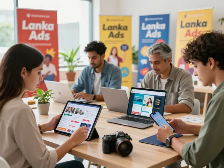 Engaged individuals exploring Lanka Ads on digital devices in a vibrant workspace, reflecting community connections.