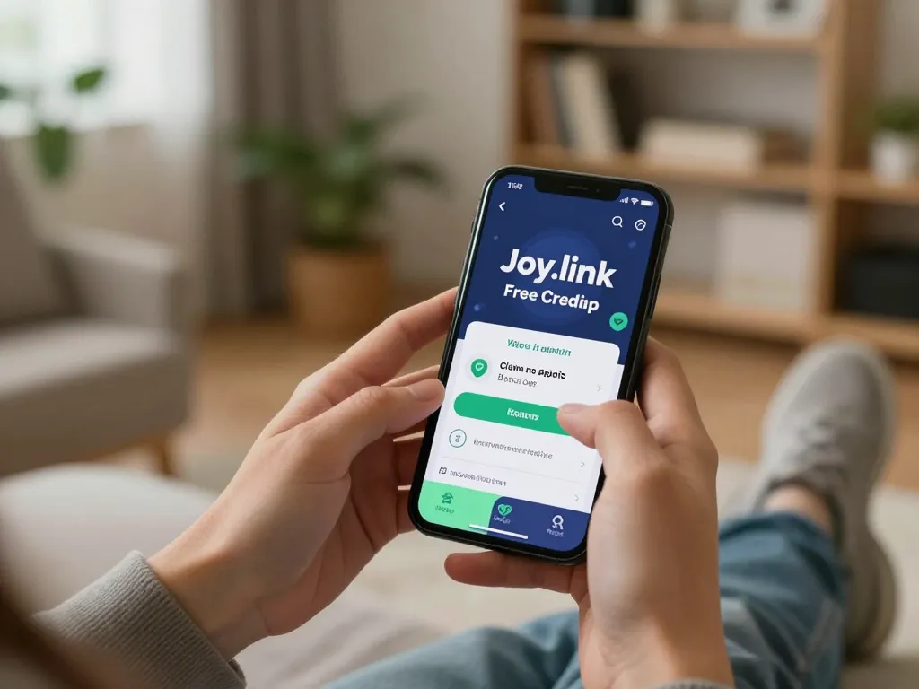 Claiming Joy.link free credit on a smartphone within a cozy home gaming setup