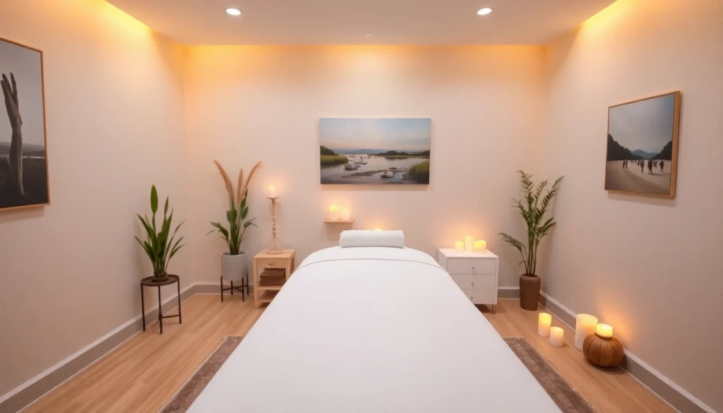 편안한 조명과 차분한 장식이 있는 마사지 치료실