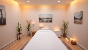 편안한 조명과 차분한 장식이 있는 마사지 치료실