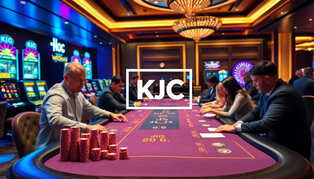 A thrilling KJC gaming experience with players at a casino table and vibrant roulette wheels.
