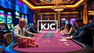 A thrilling KJC gaming experience with players at a casino table and vibrant roulette wheels.