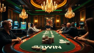Players engaged in a thrilling poker game at the luxurious 33WIN casino.