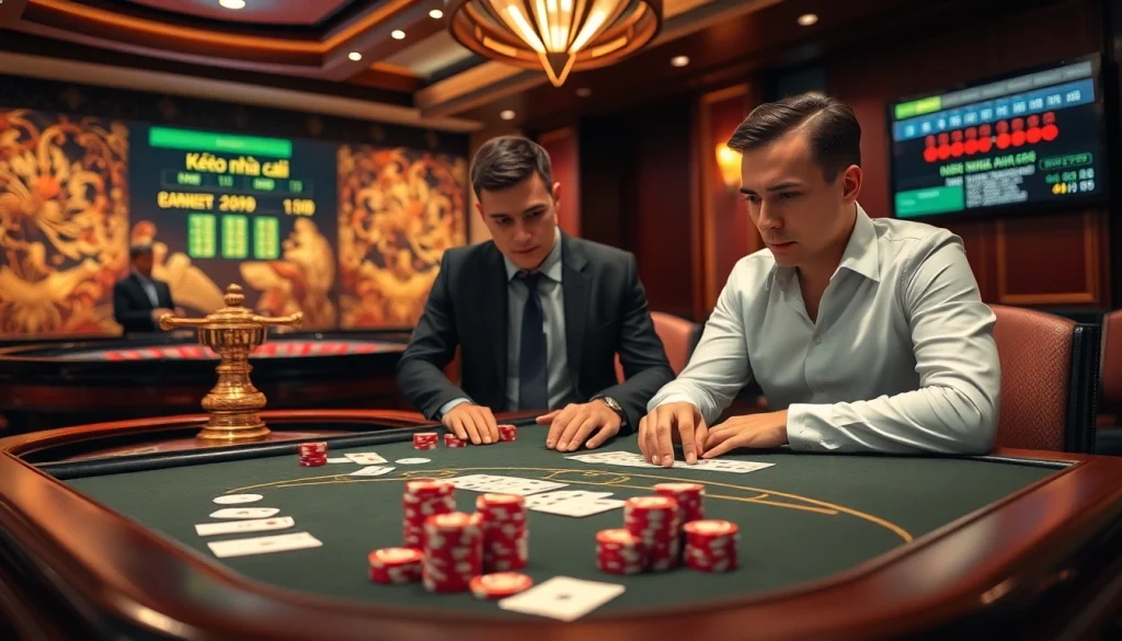 Kèo nhà cái betting action at a luxurious casino featuring an exciting poker game.