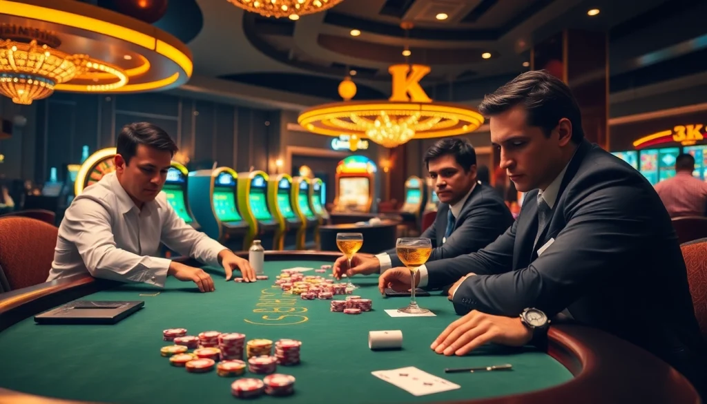 Players at KU88 Casino engage in intense poker, surrounded by vibrant gambling elements and luxurious decor.