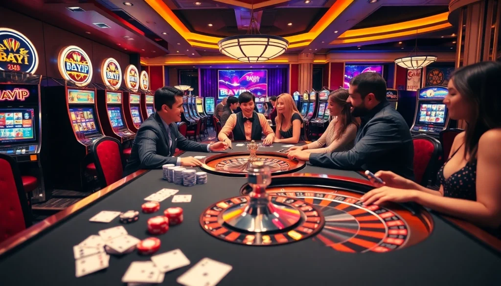 Bayvip players enjoying an exciting casino atmosphere with vibrant games and dealers