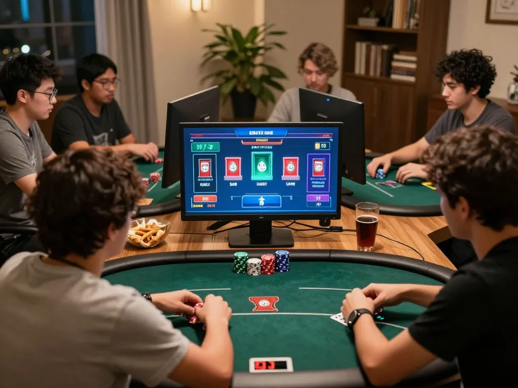 Engage in exciting Poker Online gameplay at home with friends around vibrant screens showcasing poker hands