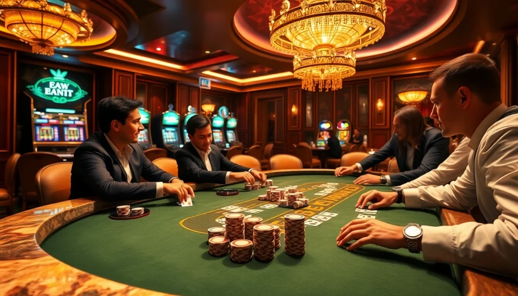 Jogadores planejam estratégias em uma mesa de poker vibrante, em um cassino luxuoso, destacando a emoção de apostar com 69T.