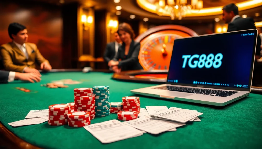 Players enjoying poker at TG88 casino with vibrant chips and betting slips.