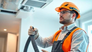 Air duct cleaning service performed by a professional technician using advanced equipment in a modern home.
