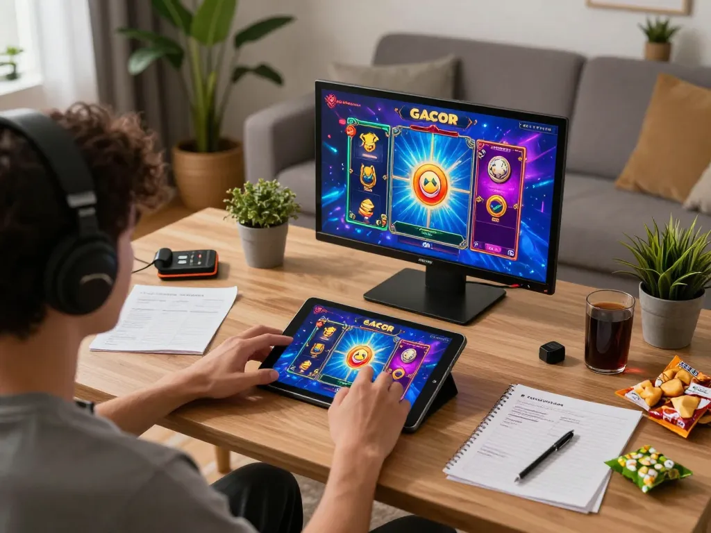 Engage in a slot gacor game with vibrant graphics on a tablet in a cozy gaming setup.