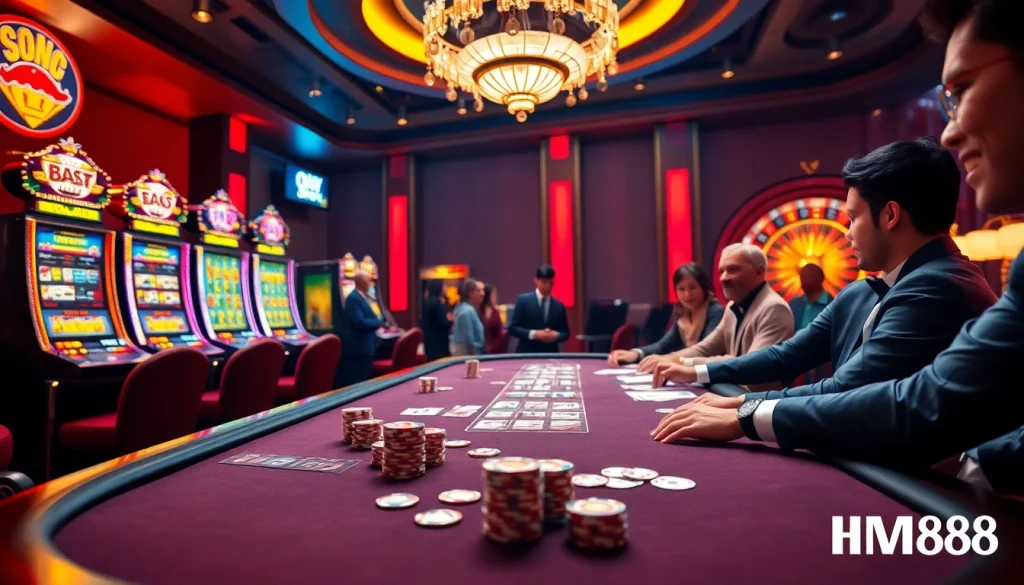 Experience high-stakes gaming action at MM88 with vibrant casino scenes.